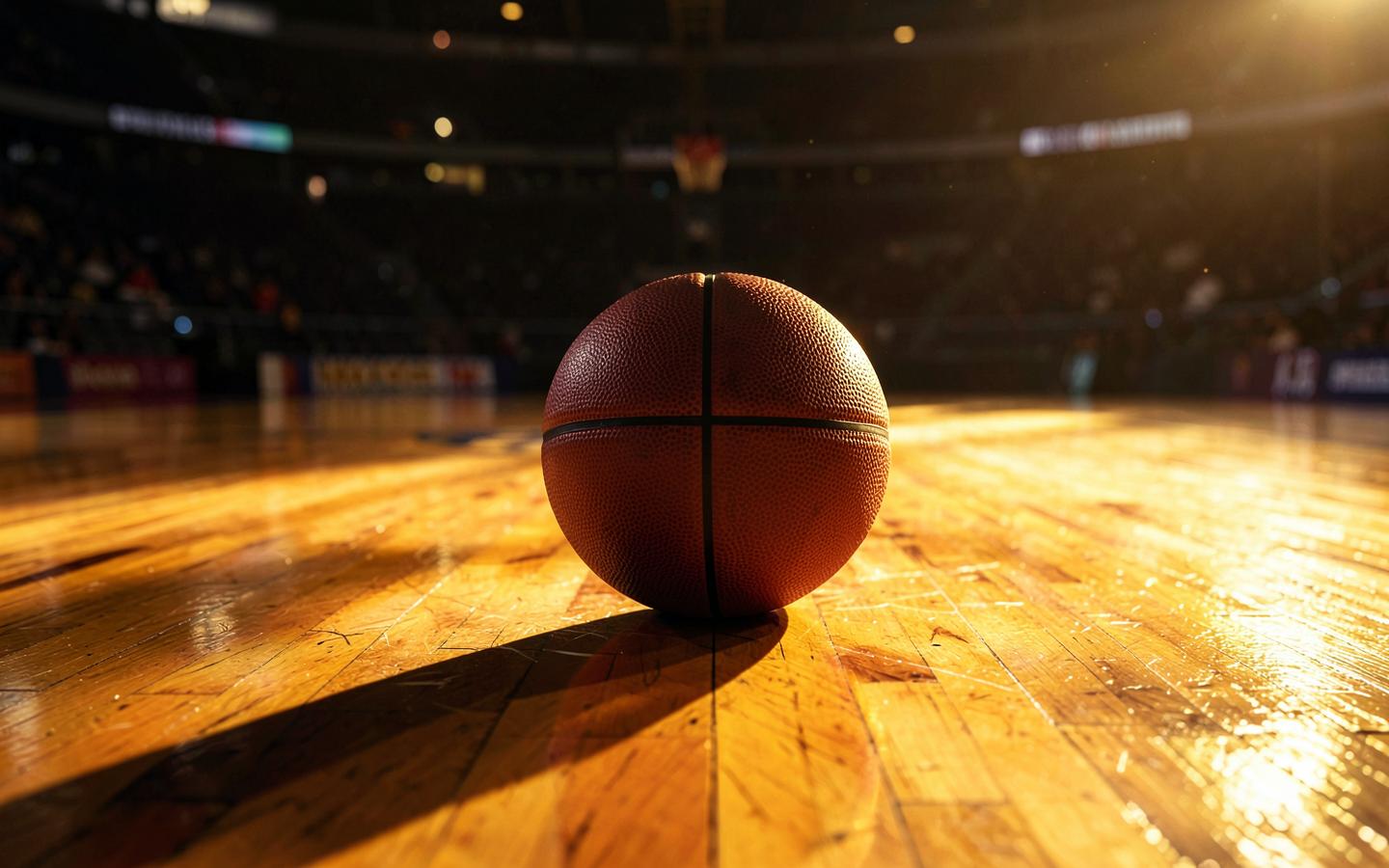 Basketball resting on polished arena hardwood in golden light