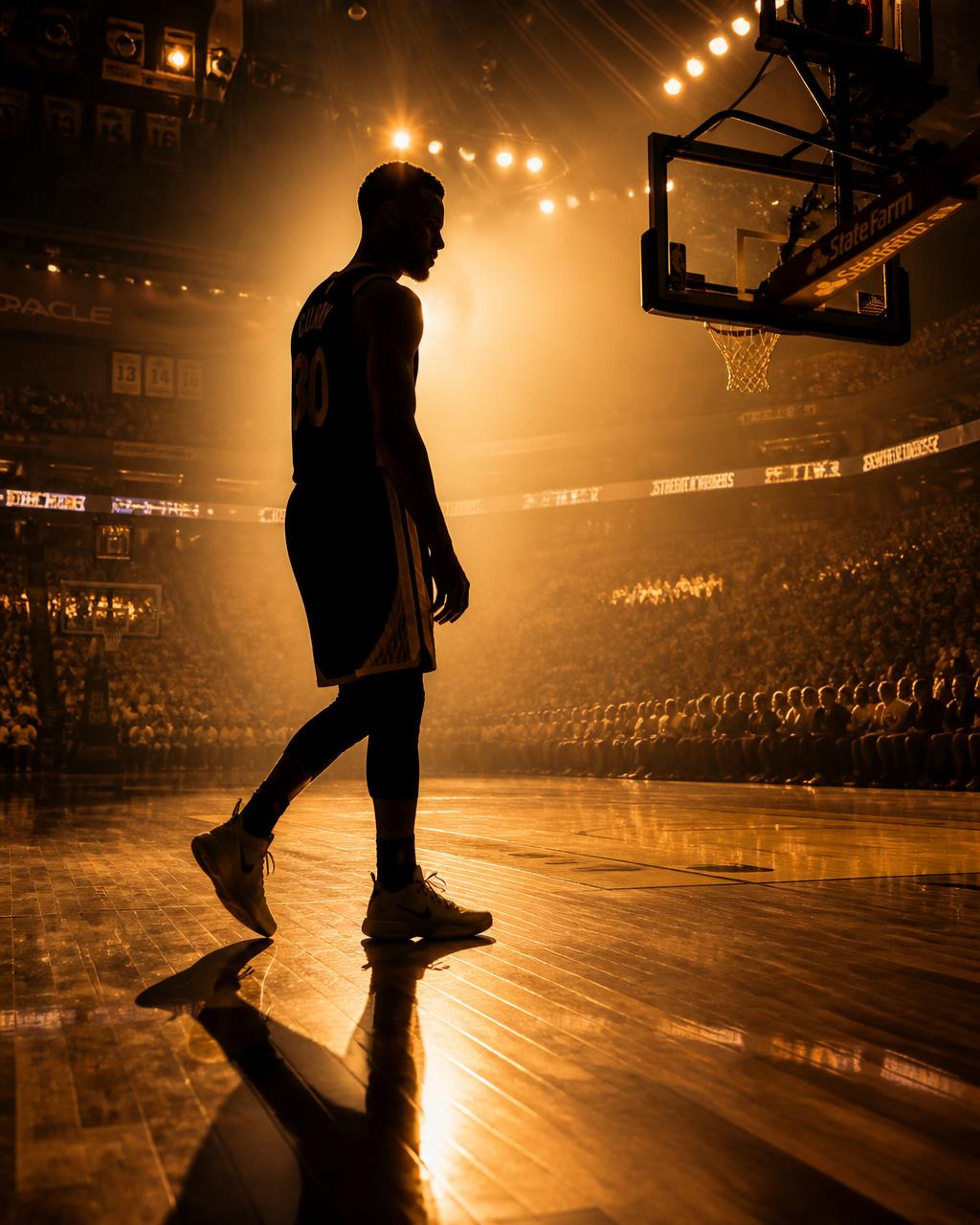 Player silhouetted against arena floodlights on polished NBA hardwood